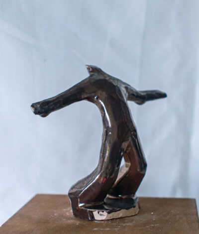Handmade bronze-glazed ceramic modern dancer sculpture with open arms, presented in wooden gift box – Dance Is Ceramica