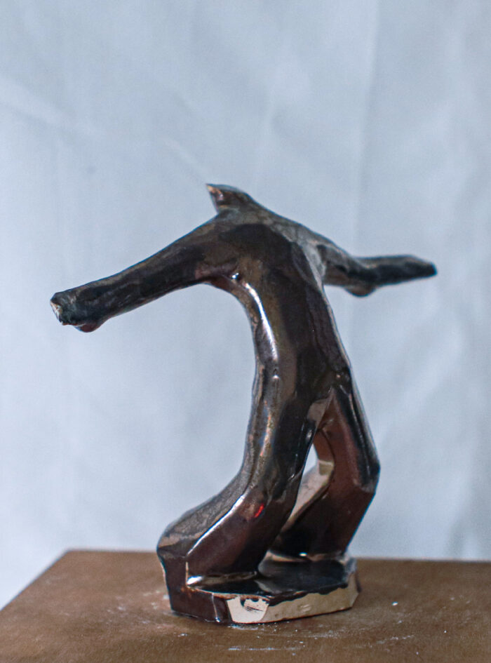 Handmade bronze-glazed ceramic modern dancer sculpture with open arms, presented in wooden gift box – Dance Is Ceramica
